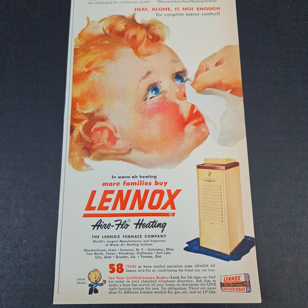 1953 Lennox Furnace Co Aire-Flo Heating Vintage Print Ad Curly Hair Cute Baby